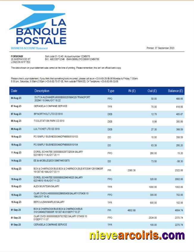 La Banque Postale firm bank statement